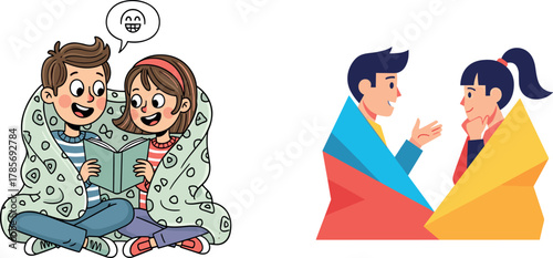 Cartoon kids and adults in cozy conversation, storytelling and listening illustration, blanket interaction scene, expressive communication concept, vector emotional connection design