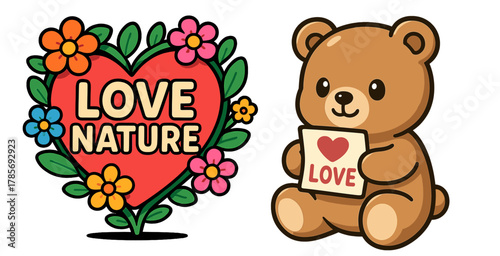 Cute cartoon bear with a love sign and a heart-shaped plant that promotes love for nature and kindness