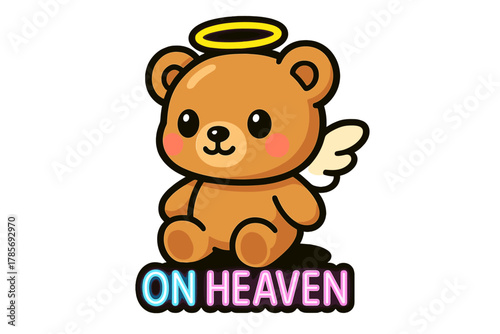Cute bear with angel wings and halo sitting peacefully, symbolizing joy and innocence in a heavenly setting