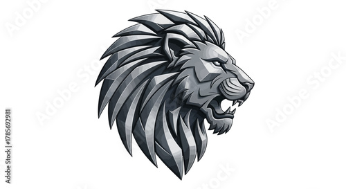 A detailed vector logo featuring a lion's head with a majestic mane and intense gaze, symbolizing strength and courage, modern design on a white background.