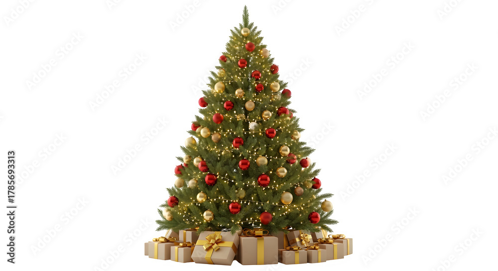Naklejka premium Beautifully decorated christmas tree with presents underneath isolated on transparent background