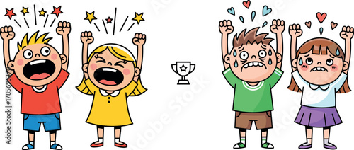 Cartoon kids celebrating and crying over trophy, emotional competition illustration, winner and loser contrast, expressive children scene, vector contest result design