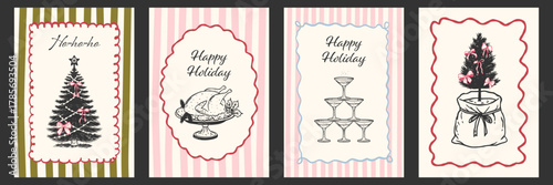 Hand drawn ink sketch Christmas cards in trendy coquette style. Set of holiday posters with playful tree with bows, holiday turkey, champagne pyramid and whimsical tree.