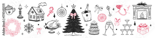 Whimsical Christmas sketch set. Hand drawn winter holiday elements. Festive tree, fireplace, turkey, candles, gifts, bows, champagne, snowflakes and holly wreath.