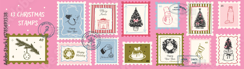 Retro Christmas stamps set. Whimsical vintage holiday postage label. Hand drawn winter sticker and mail postmark collection in sketch style.