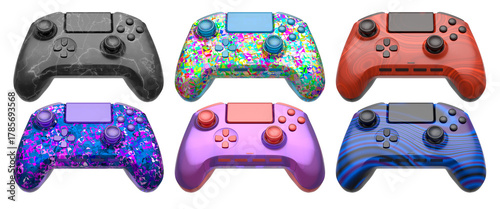 Collection of gaming controllers isolated on white background with clipping path