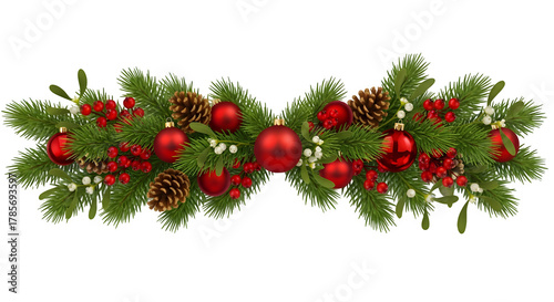 Festive christmas garland with red baubles pine cones and green fir branches isolated on transparent background