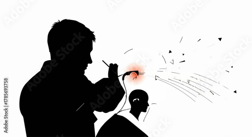 Silhouette of a person using an electric tool, creating sparks near another person's head, symbolizing danger or innovation.