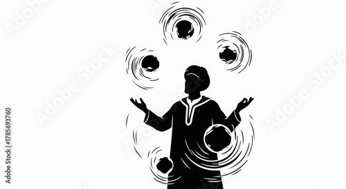 Silhouette of a person skillfully juggling multiple dark spheres against a white background, symbolizing balance and concentration.