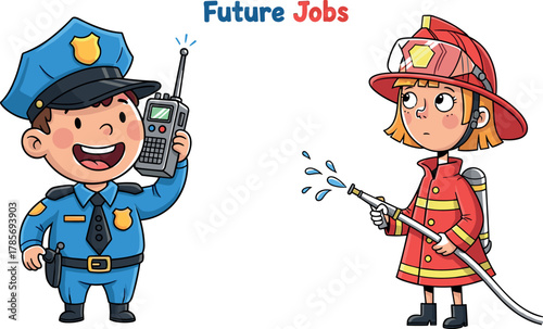 Cartoon kids dressed as future police officer and firefighter, career aspiration illustration, public service roles concept, vector job inspiration design