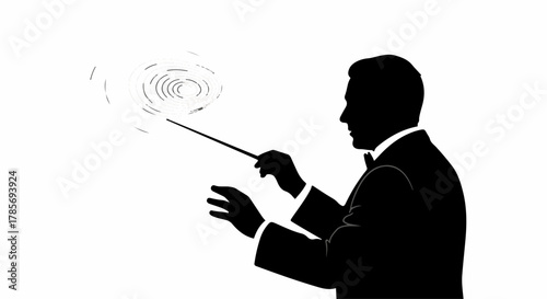Maestro in silhouette conducting with baton, creating waves of sound
