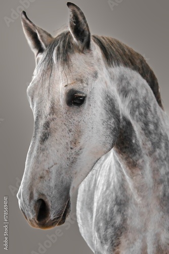 piebald horse head detail on a beige background