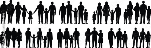 Family silhouette vector, diverse group pose, parenting unity icon, cad drawing flat vector illustration, black inclusive figure, bonding relationship design