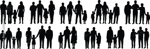 Family silhouette vector, diverse group icon, parenting unity pose, cad drawing flat vector illustration, black inclusive figure, bonding relationship design