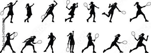 Female tennis silhouette, dynamic racket action, sports movement icon, cad drawing flat vector illustration, black athlete pose, competitive figure design