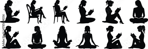 Reading silhouette vector, seated posture icon, book lover lifestyle, cad drawing flat vector illustration, black calm figure, introspective pose design
