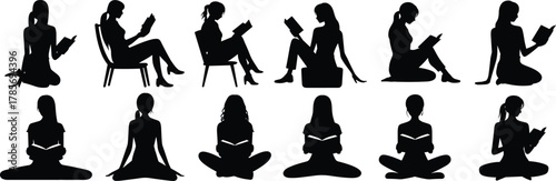 Reading silhouette vector, seated posture icon, book lover lifestyle, cad drawing flat vector illustration, black calm figure, introspective pose design