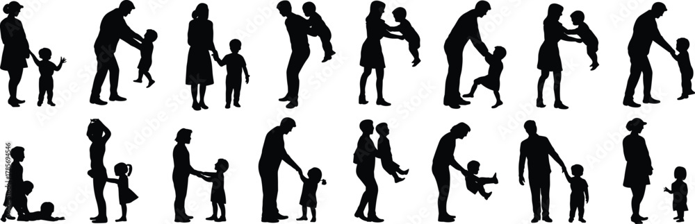 Obraz premium Parenting silhouette vector, adult child interaction, emotional bonding gestures, cad drawing flat vector illustration, black icon family care pose