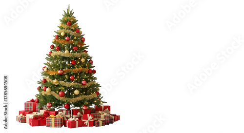 Beautifully decorated christmas tree with many wrapped presents at its base isolated on transparent background