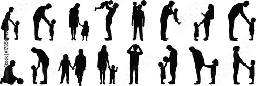 Adult and child silhouette interaction, parenting gestures, family bonding moments, emotional connection, cad drawing flat vector illustration, black isolated icons