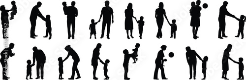 Parent child silhouette, family bonding icon, adult kid interaction, black outline, cad drawing, flat vector illustration, care moment, parenting graphic, emotional connection, social gesture