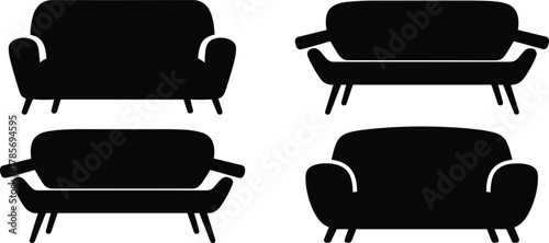 Sofa silhouette, furniture icon, modern couch, living room decor, black outline, cushion shape, cad drawing, flat vector illustration, home interior, seating design