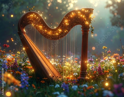Illuminated harp nestled in colorful field with sparkling bokeh