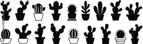 Cactus silhouette, potted plant icon, desert flora, botanical graphic, black outline, succulent shape, cad drawing, flat vector illustration, nature decor, garden design