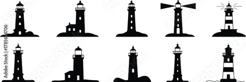 Lighthouse silhouette, coastal beacon icon, marine tower, sea structure, black outline, navigation aid, cad drawing, flat vector illustration, ocean guide, nautical graphic