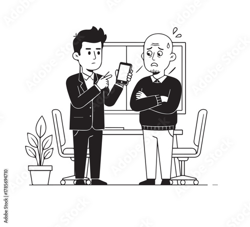 Tense Discussion Man Showing Phone to Uncomfortable Colleague in Office, Illustrating Miscommunication and Digital Discomfort