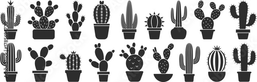 Cactus silhouette, potted plant icon, desert flora, botanical graphic, black outline, cad drawing, flat vector illustration, succulent shape, nature decor, prickly design
