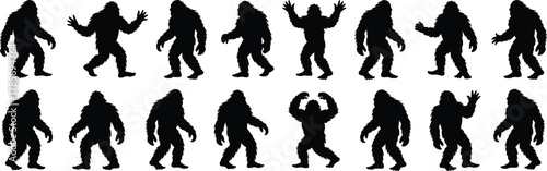 Bigfoot silhouette, Sasquatch icon, cryptid figure, walking pose, monster graphic, forest creature, cad drawing, flat vector illustration, wild legend, mysterious beast