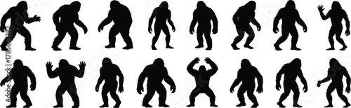 Bigfoot silhouette, Sasquatch icon, cryptid figure, walking pose, monster graphic, black outline, cad drawing, flat vector illustration, forest creature, myth legend