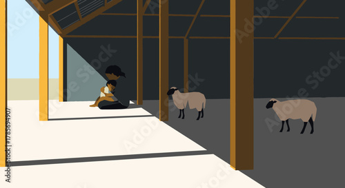 A stylized illustration depicts a lone figure resting in the cool shade of a rustic barn, observing two sheep grazing peacefully in the sunlit farmyard.