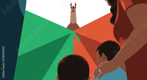 A family with two children observes a llama in a vibrant, geometrically styled landscape, suggesting cultural travel and exploration.