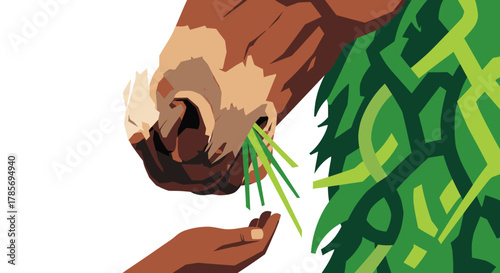 A stylized illustration captures a close-up moment of a human hand gently offering fresh green grass to a hungry horse, symbolizing care and connection with nature.