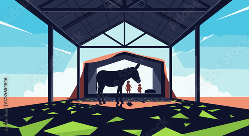 A stylized vector illustration captures the essence of a traditional nativity scene, featuring a donkey in the foreground of a humble stable under a clear sky.