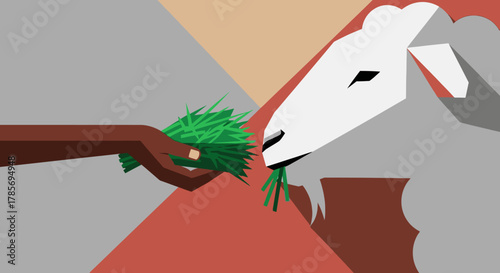 This modern, flat design illustration captures a dark-skinned hand offering lush green grass to a white sheep, symbolizing nurturing and animal care.