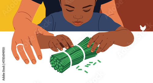 A parent's hands gently guide a child's as they meticulously bundle fresh green chives, symbolizing a valuable lesson in healthy cooking and family connection.