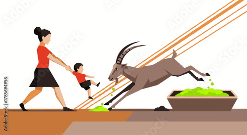 A concerned mother quickly pulls her young child away from a mischievous goat that is playfully leaping after spilling its vibrant green food.