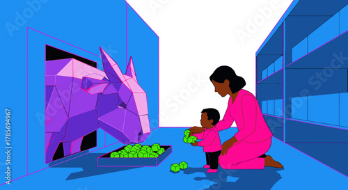 A mother and her child engage in a whimsical feeding activity with a large, polygonal purple creature emerging from a vibrant blue wall in a modern illustration.