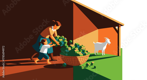 A mother and child diligently work together, harvesting lush green produce into a large woven basket on a sun-drenched rural farm, with a watchful goat nearby.
