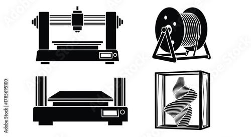 3d printing machine filament and printed object vector illustration