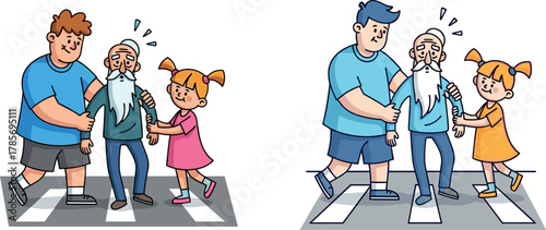 Cartoon kids helping elderly man cross street, kindness and respect illustration, pedestrian safety concept, caring children moment, vector social values design