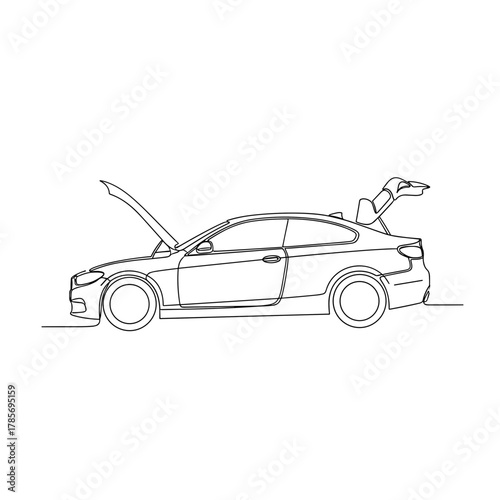 Car with open hood and trunk in one-line minimal drawing style