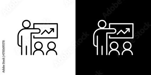 Minimalist vector line icon of a speaker presenting a rising graph on a whiteboard to an audience, symbolizing business growth, education, and progress