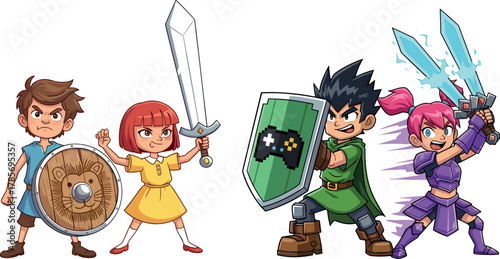 Cartoon kids in fantasy battle gear, medieval and gaming-inspired character illustration, sword and shield concept, vector adventure scene, playful warrior design