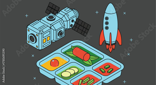 Space food concept vector illustration of rocket and satellite
