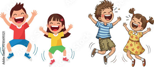 Cartoon kids jumping joyfully, happy childhood illustration, playful energy concept, smiling children in motion, fun activity scene, vector celebration design