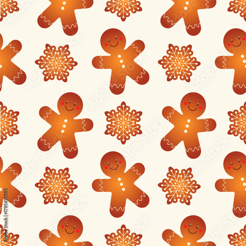 Christmas gingerbread cookies, snowflakes with icing, festive treat for New Year and Christmas. Seamless pattern. Vector illustration
